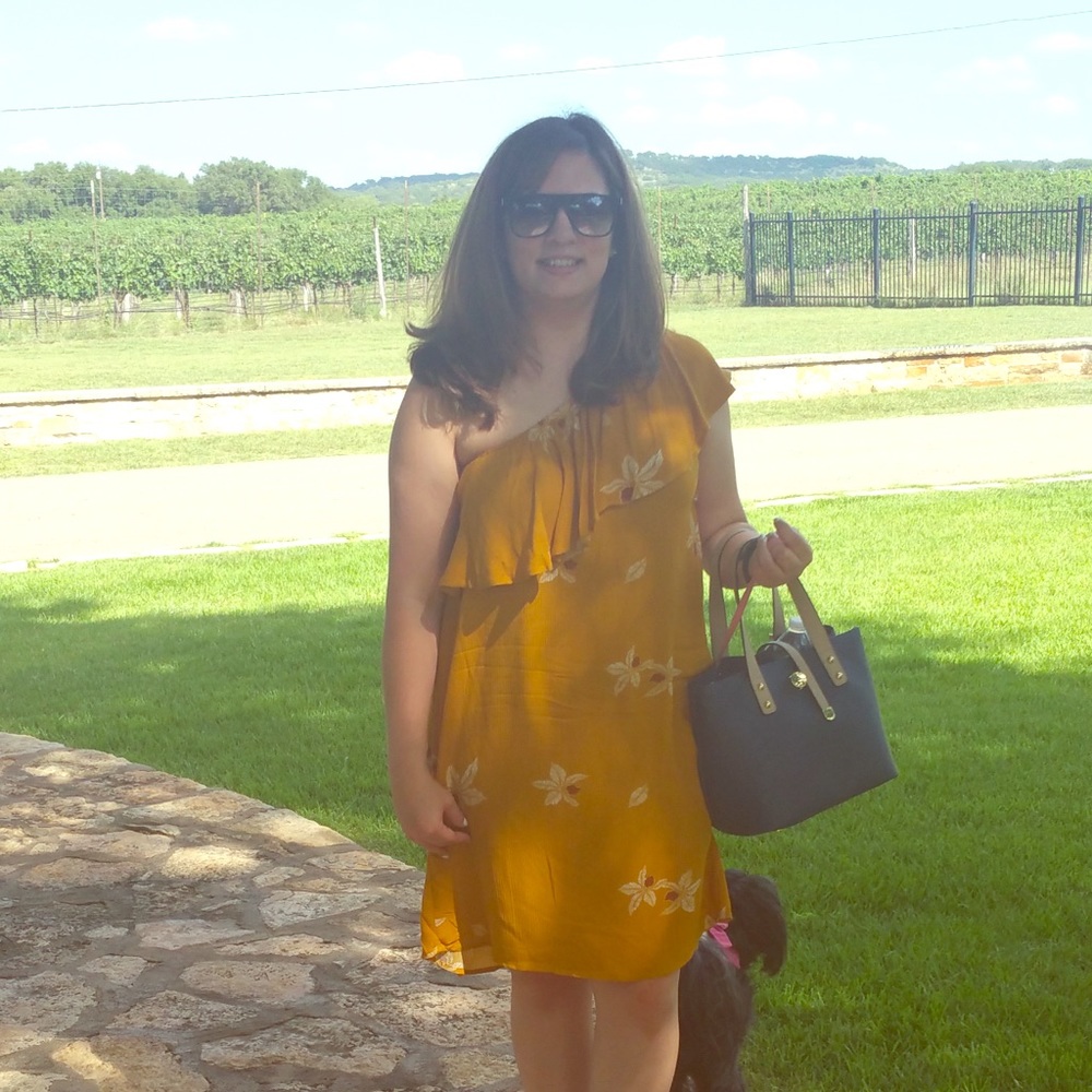 One shoulder mustard color dress